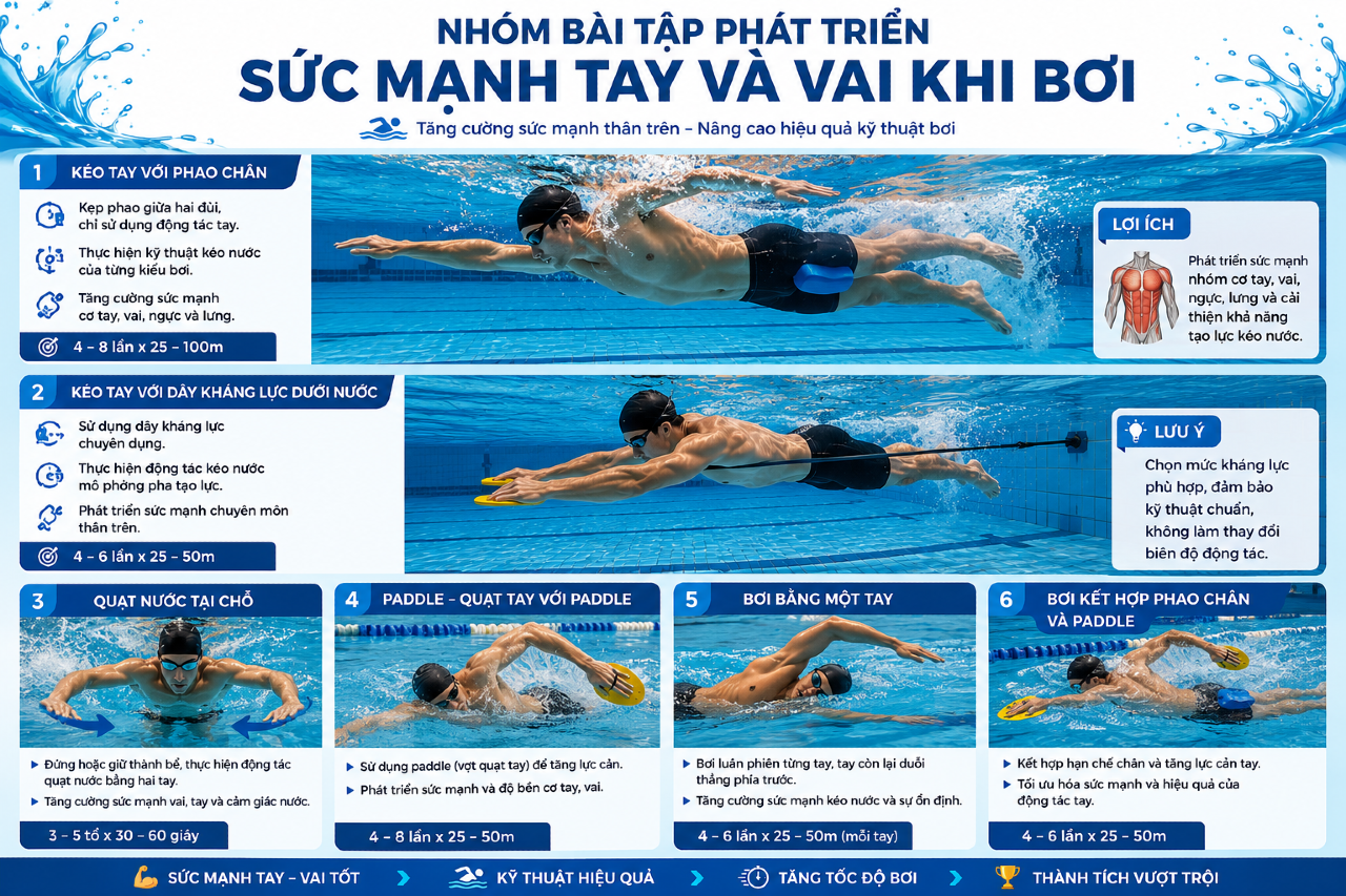 NHÓM BÀI TẬP PHÁT TRIỂN SỨC MẠNH TAY VÀ VAI KHI BƠI