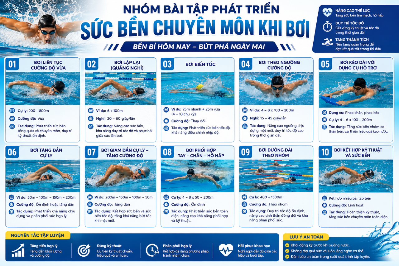 NHÓM BÀI TẬP PHÁT TRIỂN SỨC BỀN CHUYÊN MÔN KHI BƠI